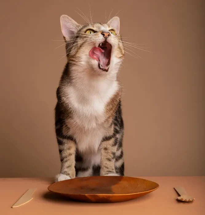 Gato maullando junto a un plato vacío sobre mesa.